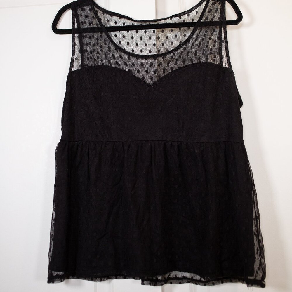 Torrid black polka dot mesh illusion baby doll top